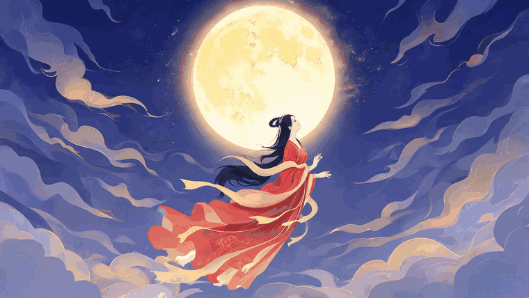 Illustrated Mid-Autumn legend: Chang'e drifting up to the moon, the jade rabbit under the osmanthus, and a lantern-lit courtyard