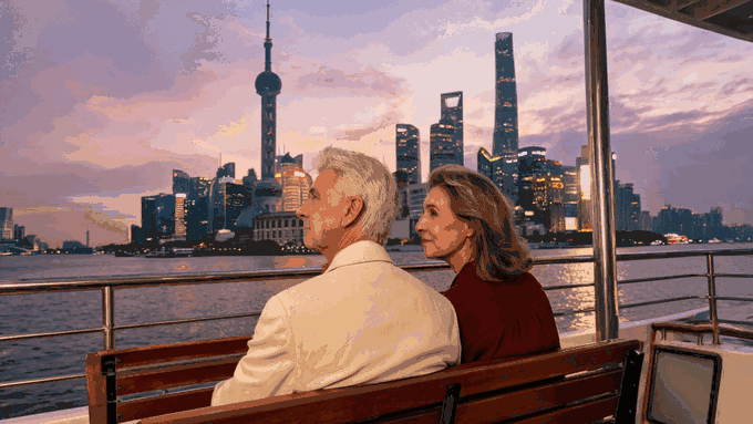 A short reel of gentle Shanghai sights for older parents: a Huangpu river cruise, the Yu Garden moon gate, the step-free Shanghai Museum East and the China Art Museum