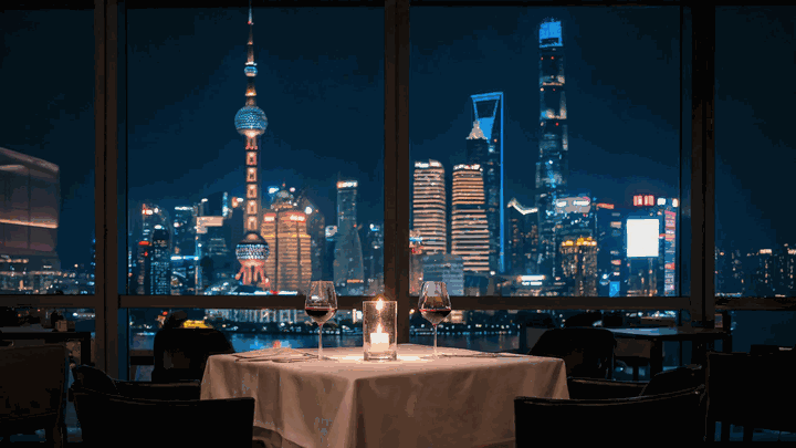 A reel of Shanghai anniversary tables: a window table over the night skyline, a candlelit lane-house room, a calm Michelin vegetarian room and a winter hot spring