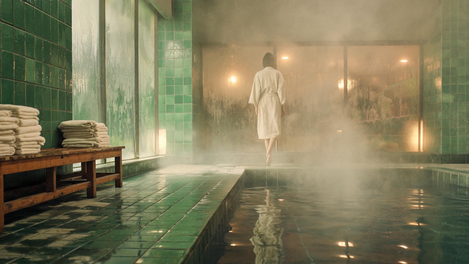 Warm steam and amber light in the tiled bathing hall of a 24-hour Shanghai bathhouse and spa