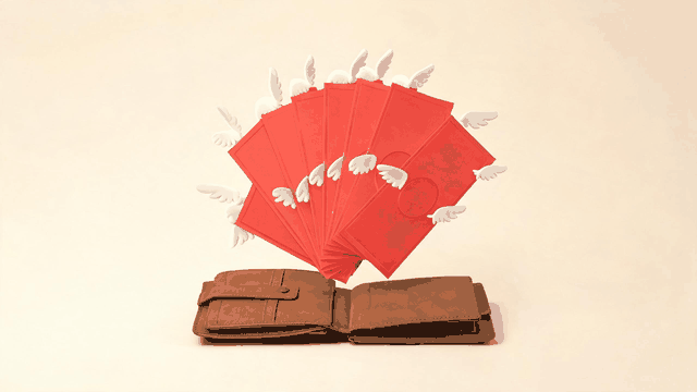 A funny illustration of money in Shanghai: winged banknotes flying from a wallet, a piggy bank and calculator, and cash balanced against house keys