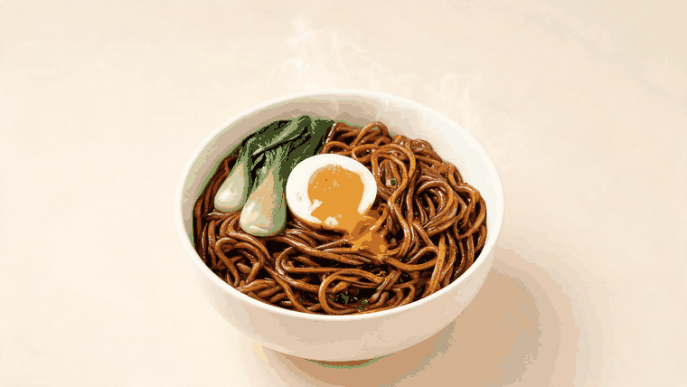 A steaming bowl of Shanghai noodles, a pan of pan-fried shengjianbao, and a grocery bag of vegetables and wine