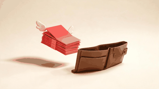Cute illustration of a rental deposit coming back: winged banknotes flying home to a wallet