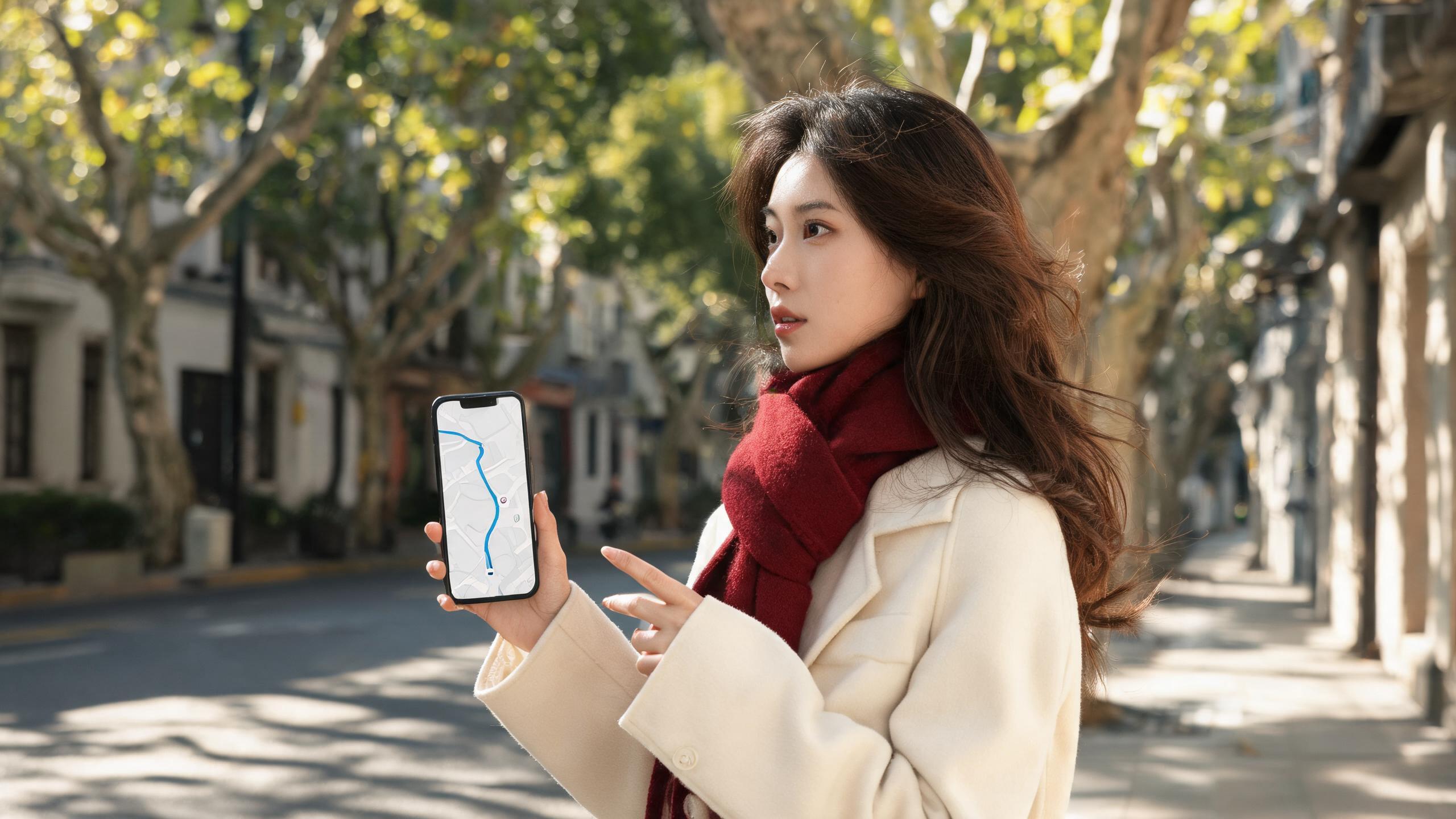 Hand holding a phone with a navigation app open on a Shanghai street