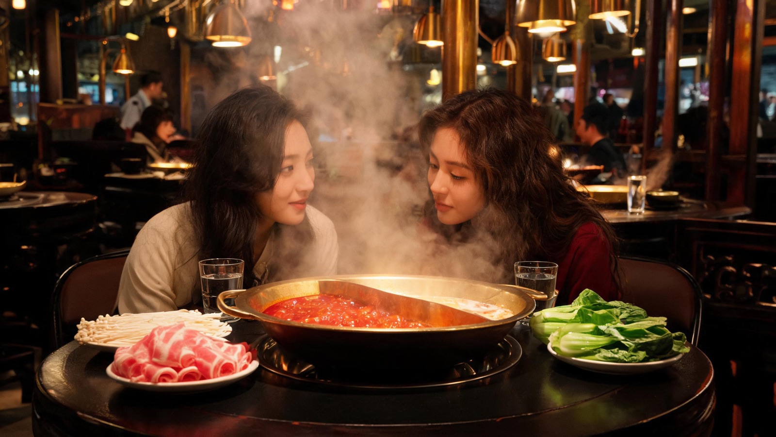 Steam rising from a bubbling split-broth Sichuan hot pot on a crowded table in a Shanghai restaurant at night