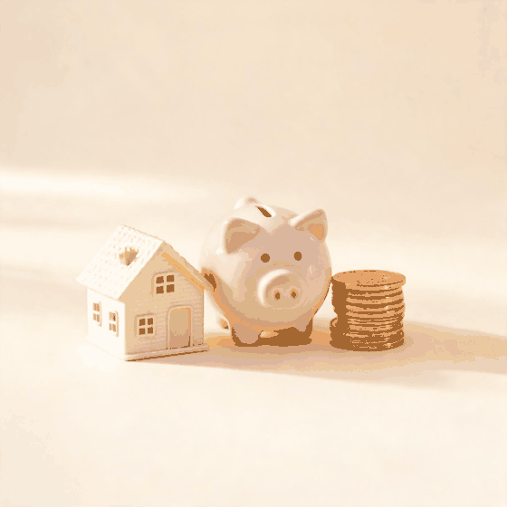 A model house and a piggy bank filling one coin at a time as the hourglass runs down