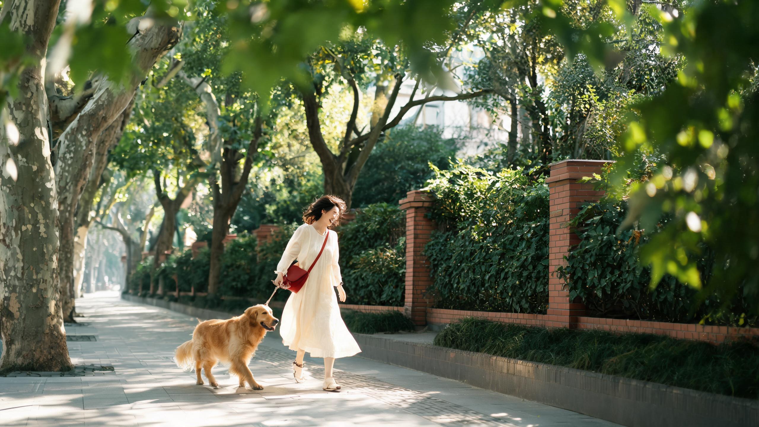 A woman walking a golden retriever under plane trees on a quiet Shanghai street