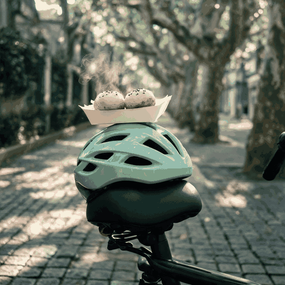 上海の電動自転車で合法でいるための3つ、生煎のトレイの下でサドルに置かれたヘルメット、野良猫に検分される緑ナンバー、チャイルドシートに固定されたスイカ