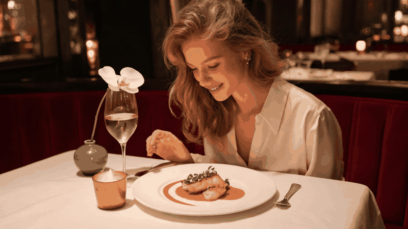 A plated tasting-menu course, a candlelit dining room, and a chef finishing a dish, the fine-dining rooms where the value pattern holds