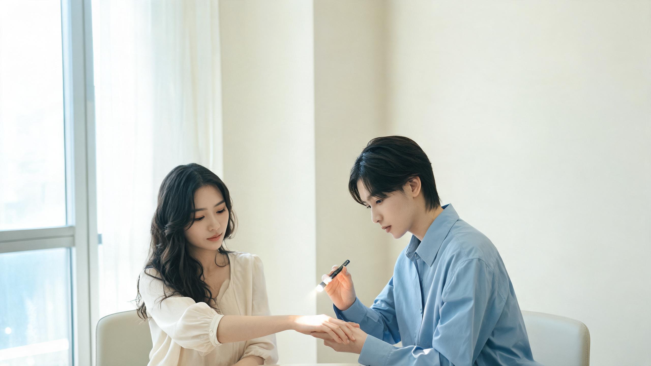 A doctor examining a patient's forearm with a handheld light in a bright Shanghai dermatology clinic