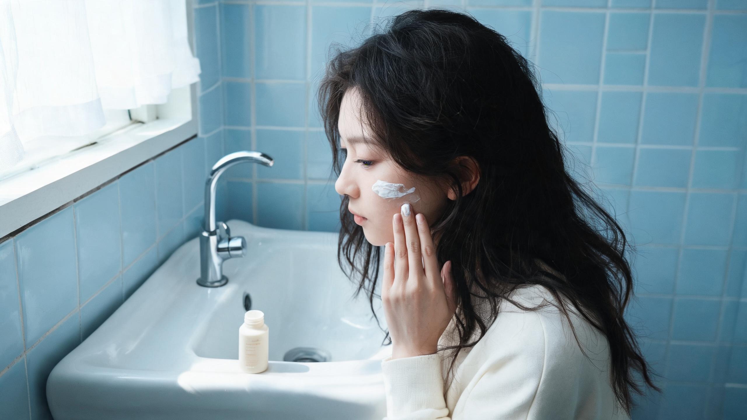 A woman applying a simple skincare cream at a bathroom basin in morning light