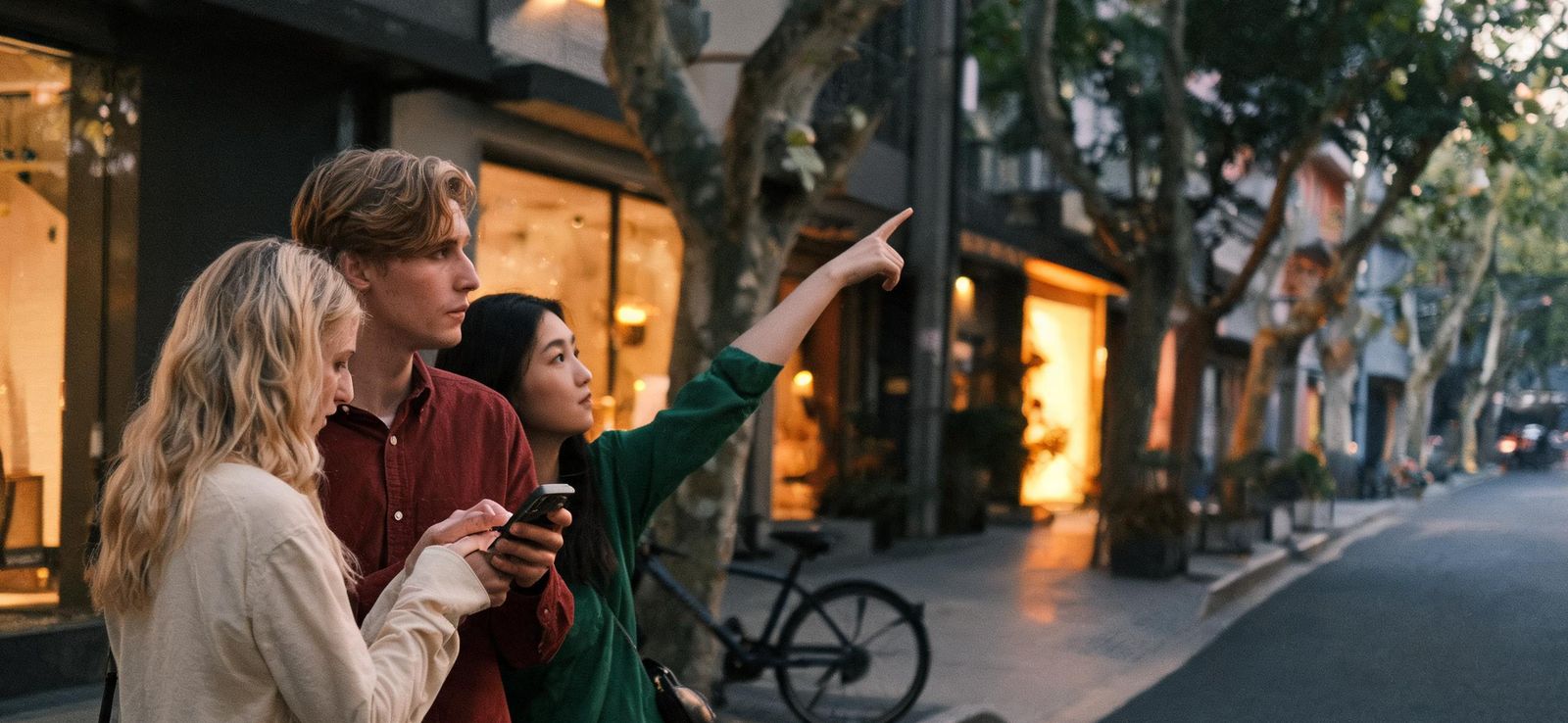 Three international friends looking the same way down a Shanghai street, two checking a phone while one points to the place ahead 三位国际友人望向同一个方向,两人看手机确认,一人指向前方那家店