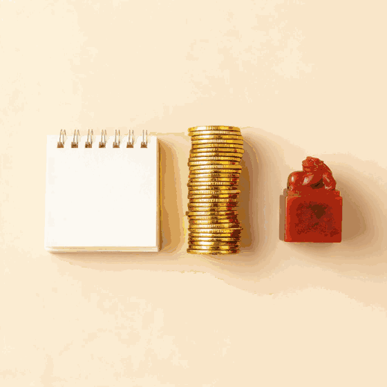 A playful still life of the six-year tax clock: gold coins stack up over the years, a suitcase and passport arrive, and the count resets to a single coin