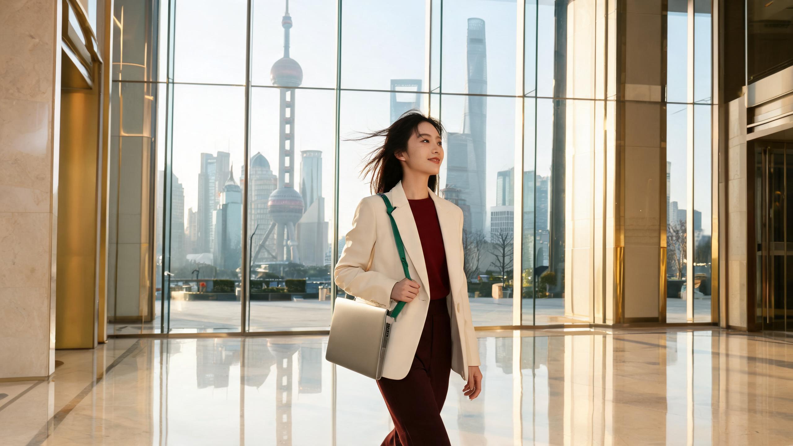 A professional walking into a Lujiazui office tower on the first day of a new Shanghai job