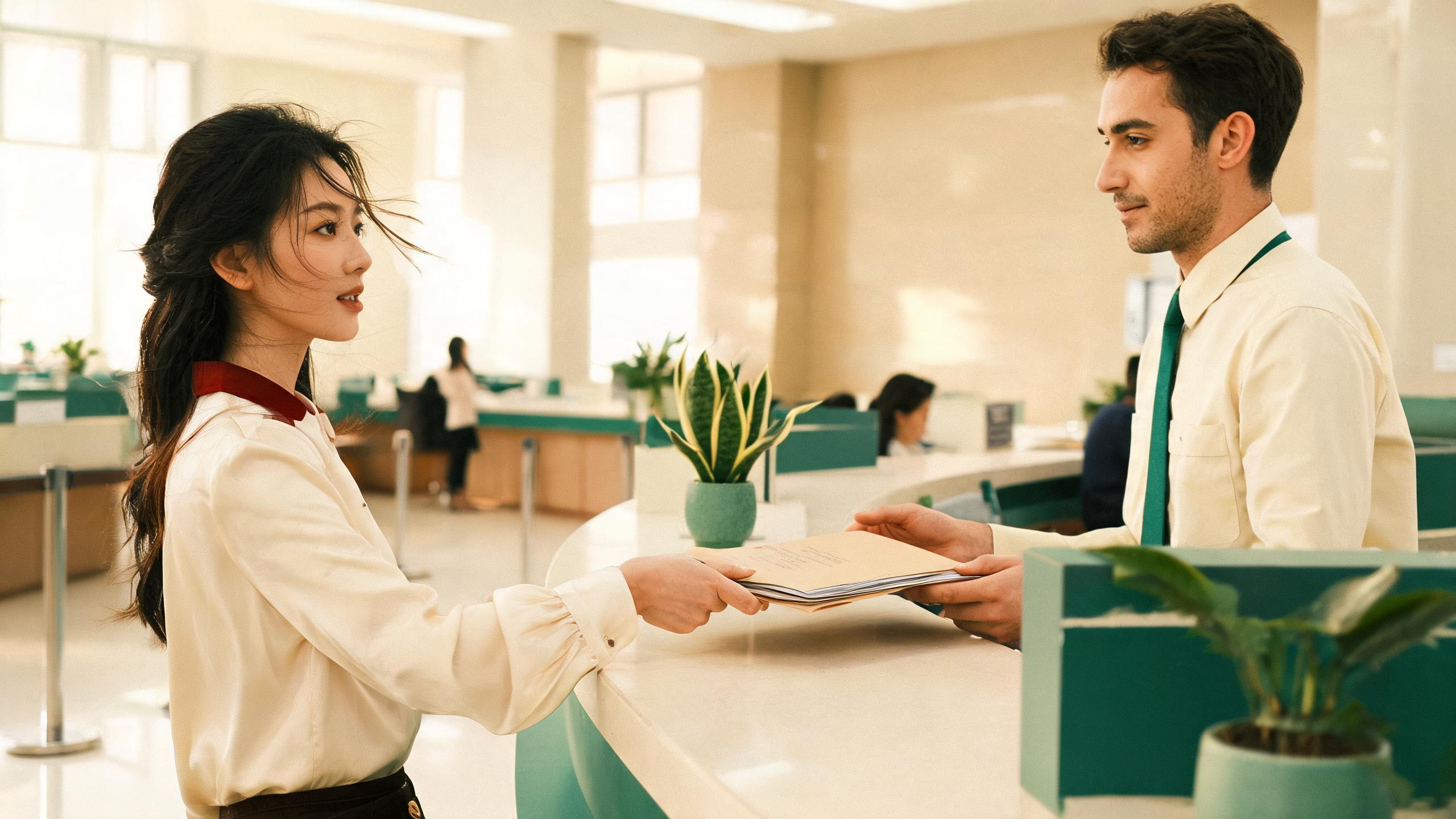 An applicant handing over documents at a Shanghai government service counter for a work permit