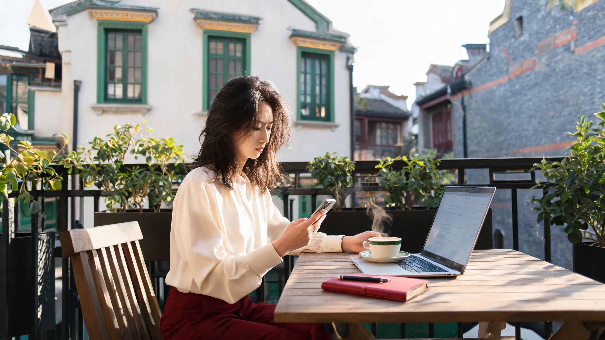 A job seeker scrolling Shanghai job listings on a phone and laptop at a cafe