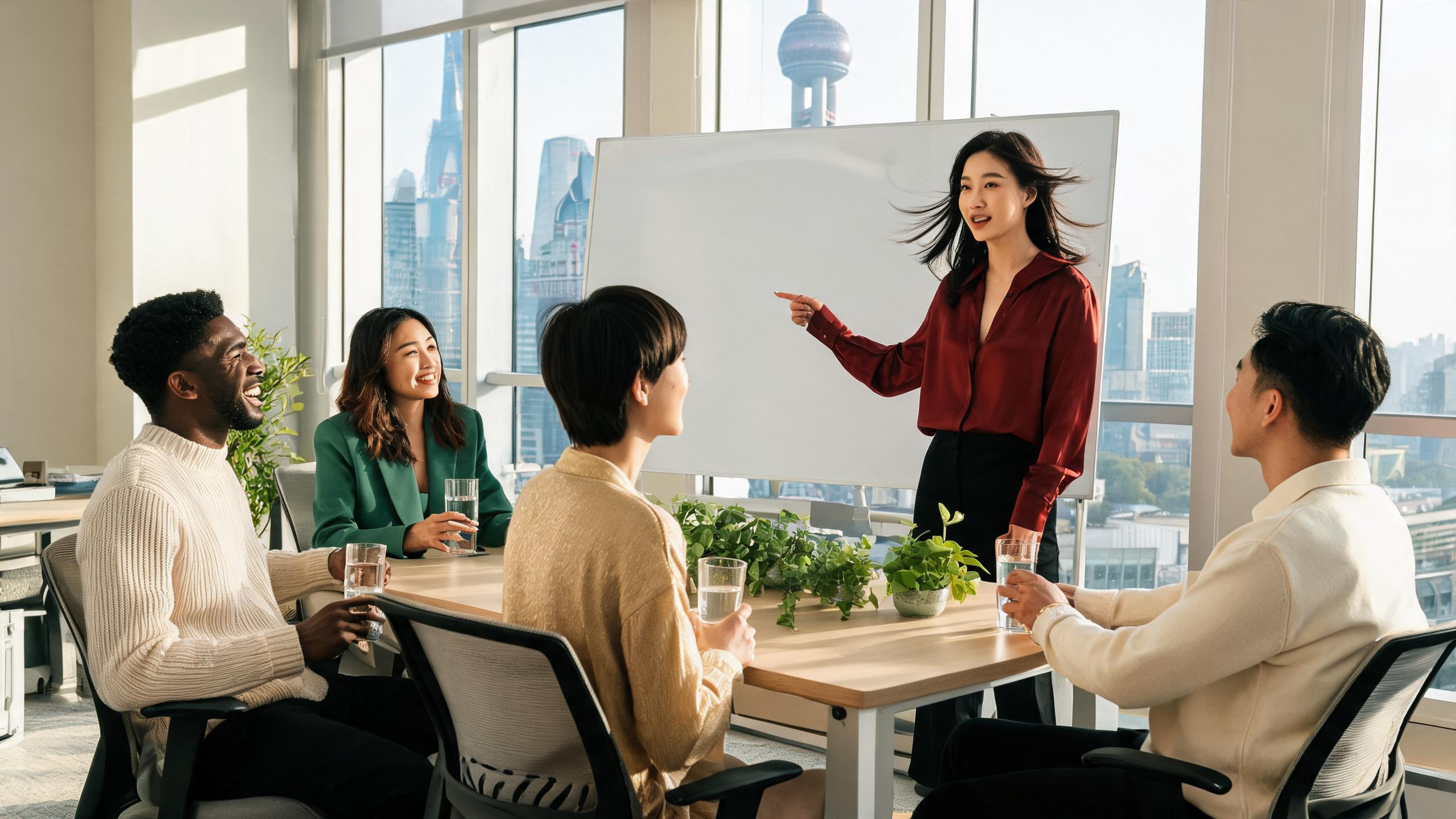 A diverse team collaborating in a modern open-plan Shanghai office
