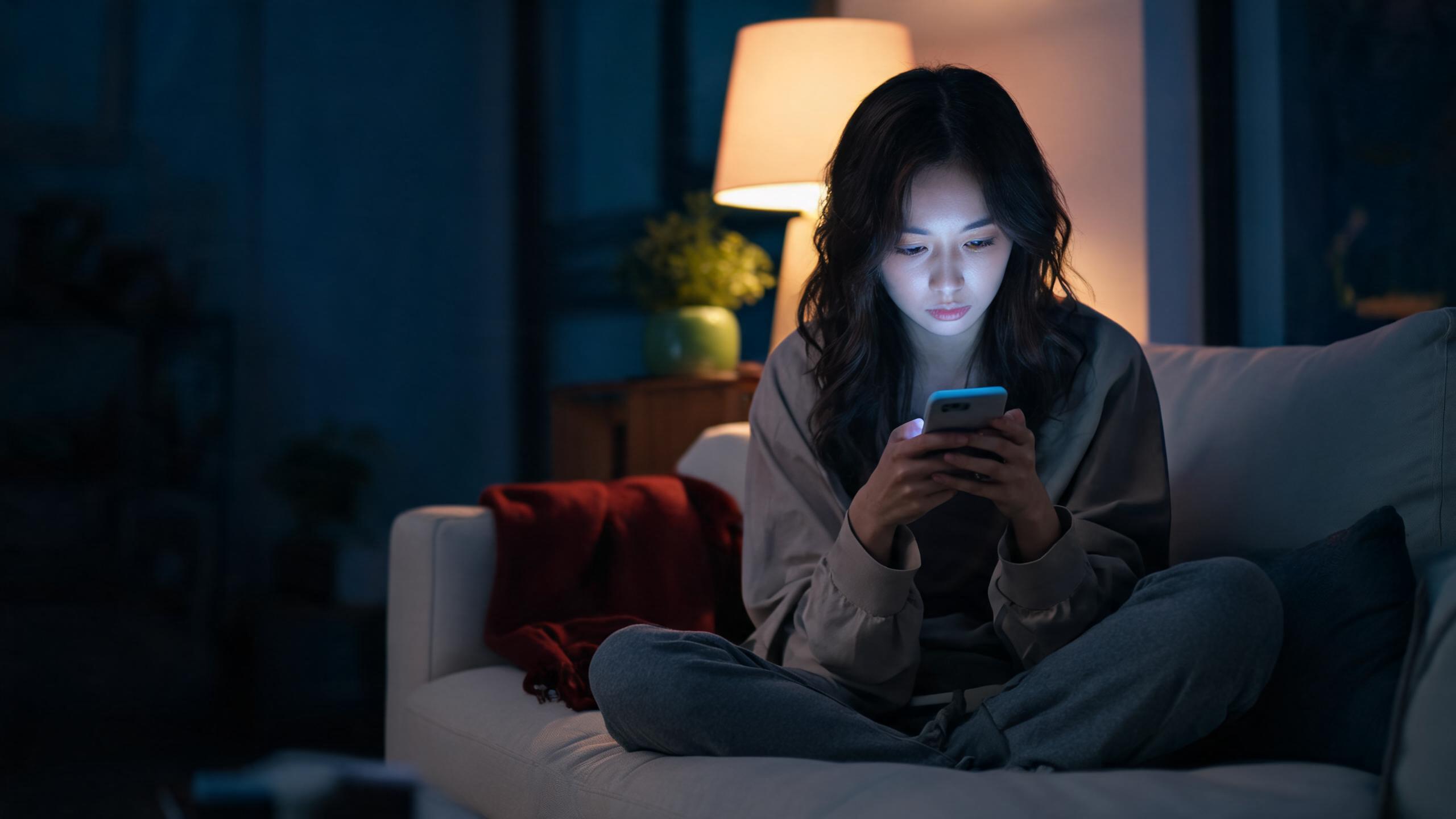 A woman concentrating on her phone at night during a Shanghai ticket on-sale