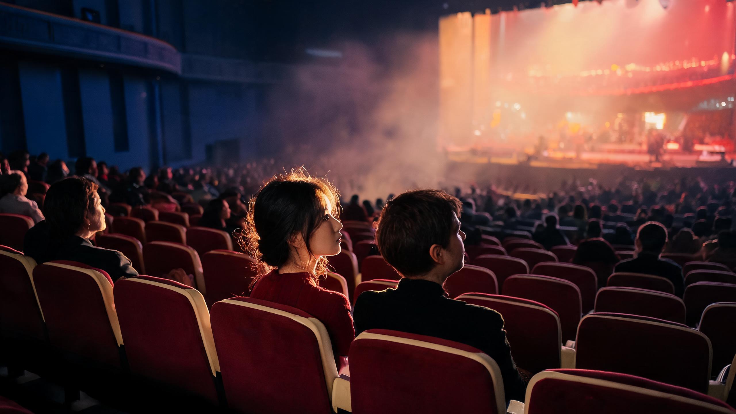 An audience silhouetted against stage light during a performance in Shanghai