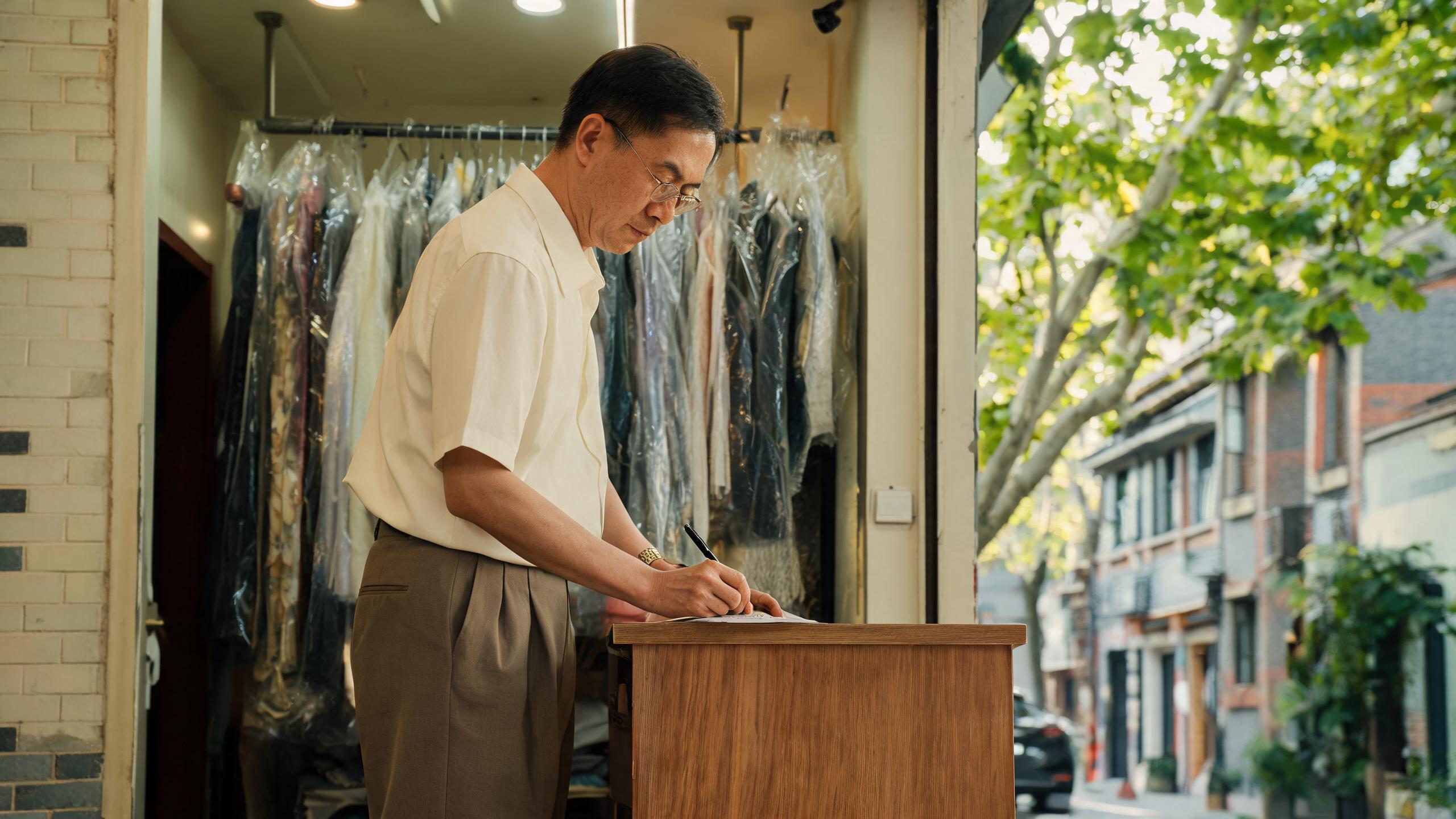 A Shanghai dry-cleaning shopkeeper writing a ticket beside a rack of plastic-wrapped garments