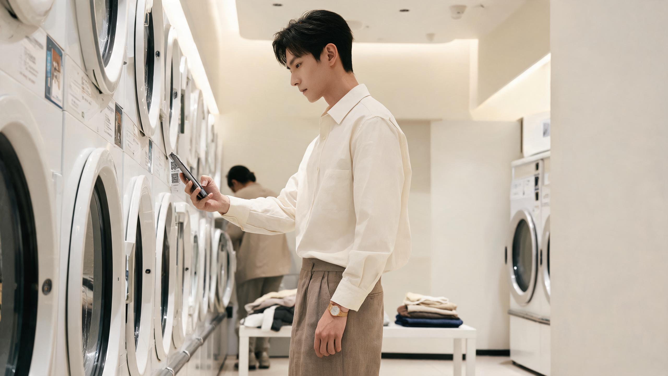 A man scanning a QR code to start a machine at a bright 24-hour self-service laundromat in Shanghai