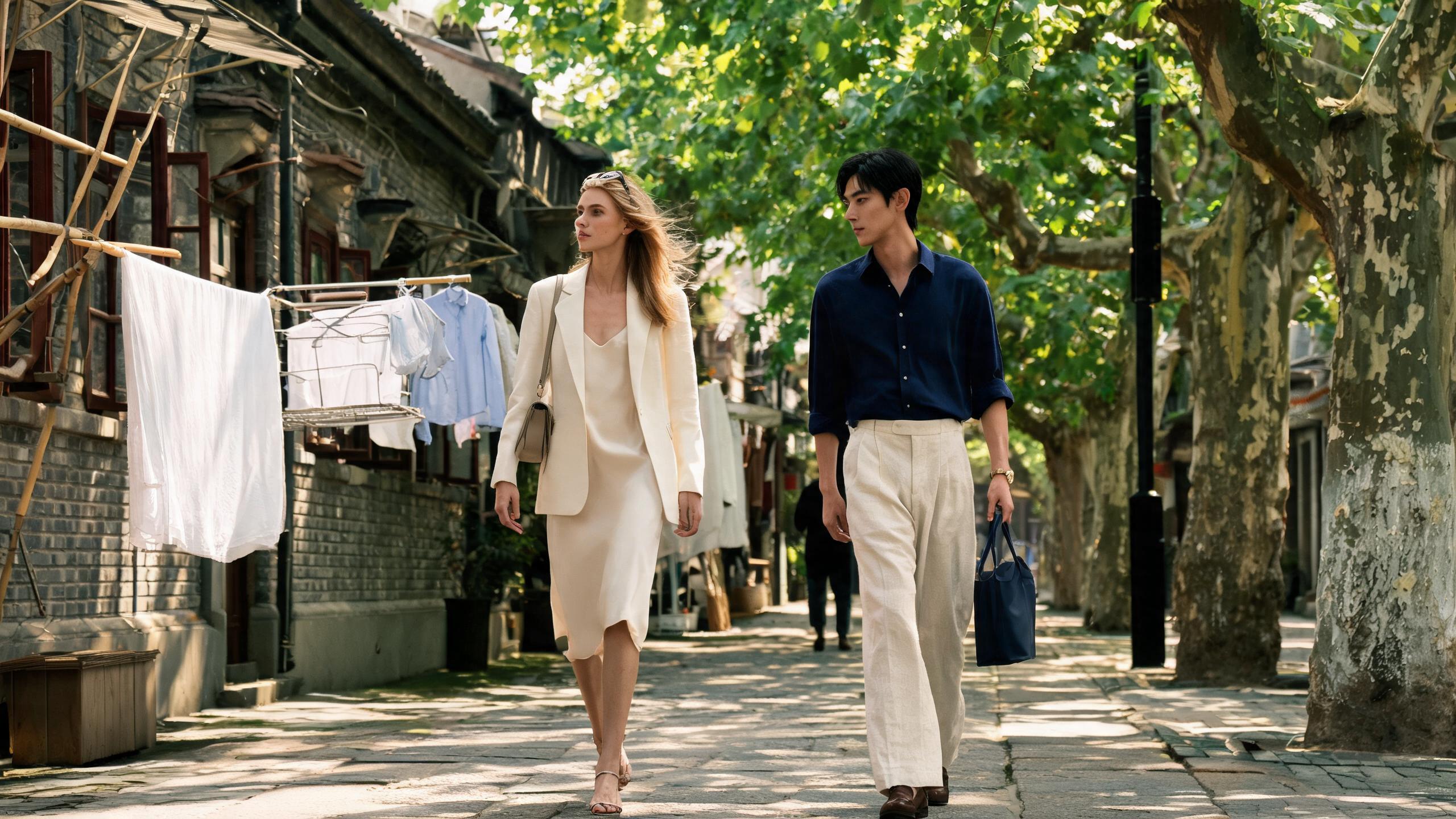 Laundry air-drying on bamboo poles in a leafy Shanghai lane as two people walk past