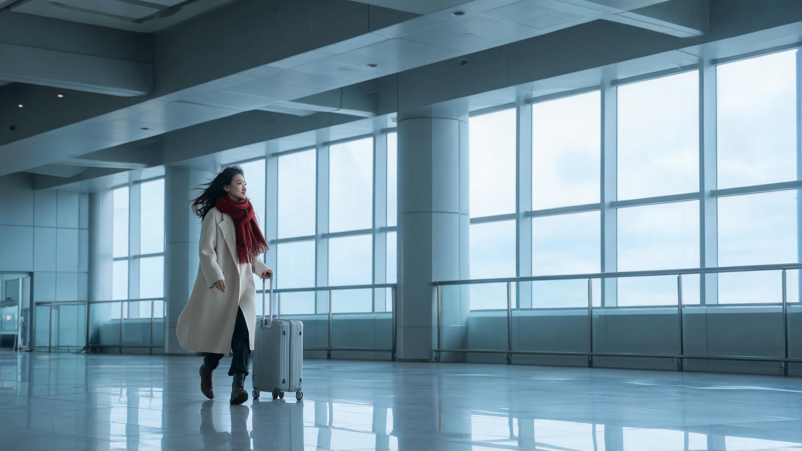 A traveller crossing a bright airport departure hall, relevant to China's six-year tax residency clock
