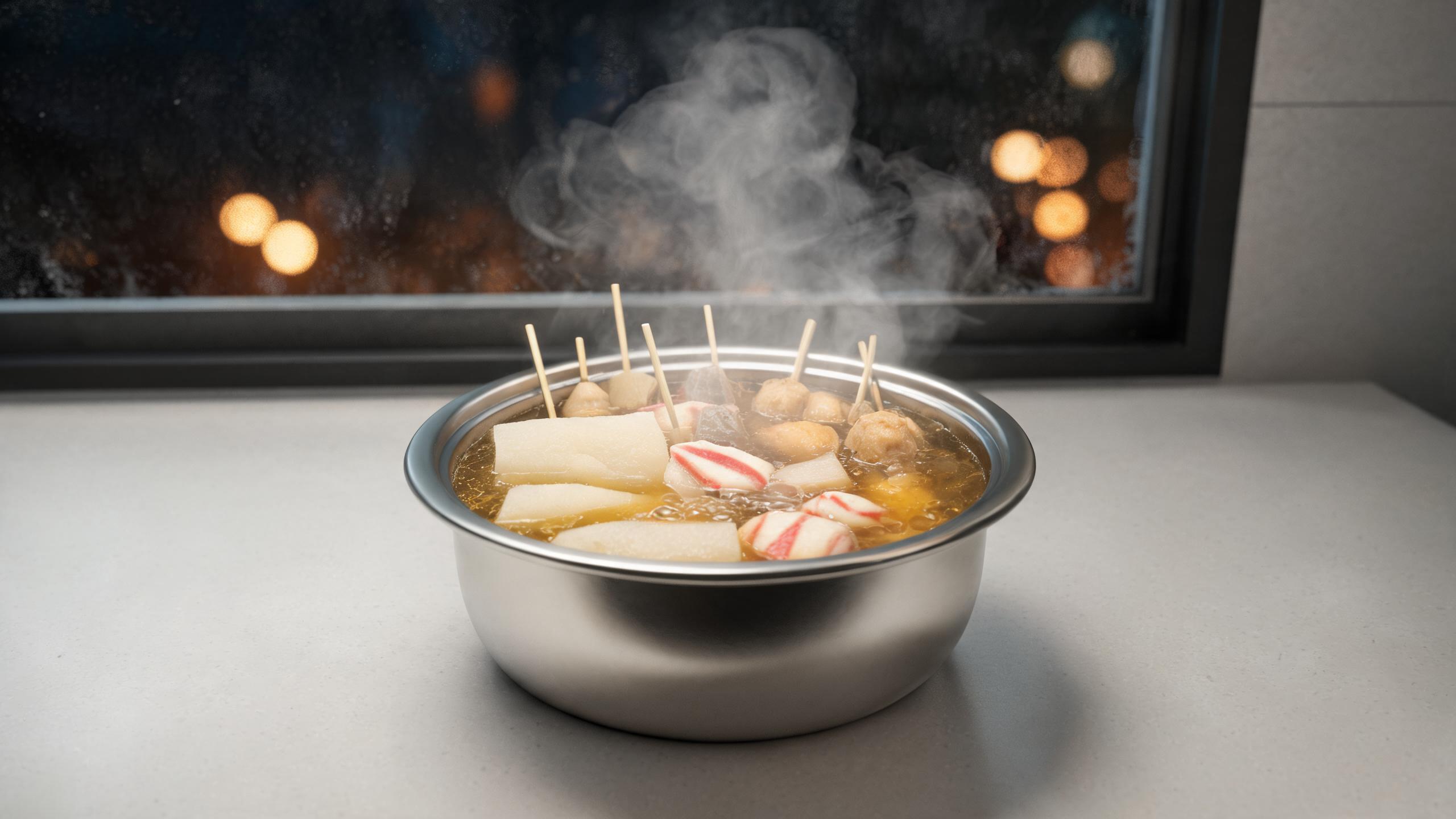 The hot food counter of a Shanghai convenience store late at night with oden simmering