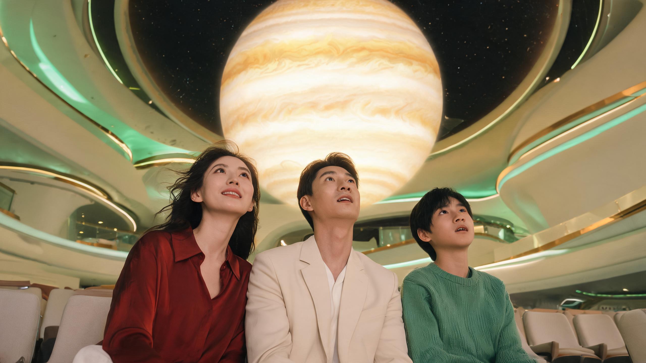 A family looking up at a planet projection inside a Shanghai planetarium