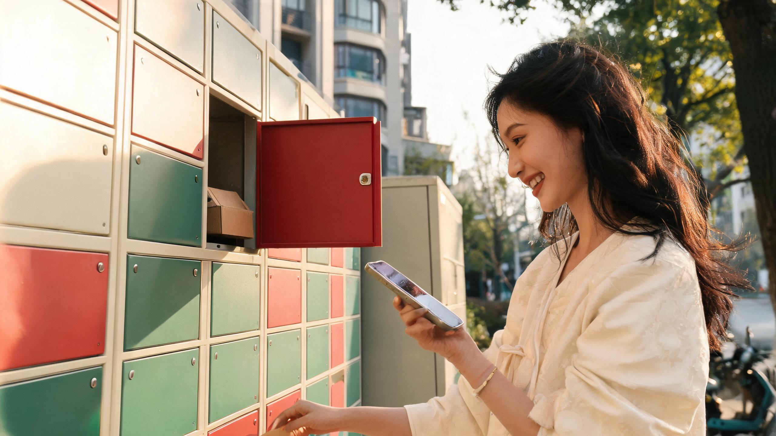 A woman collecting a parcel from smart delivery lockers on a Shanghai street