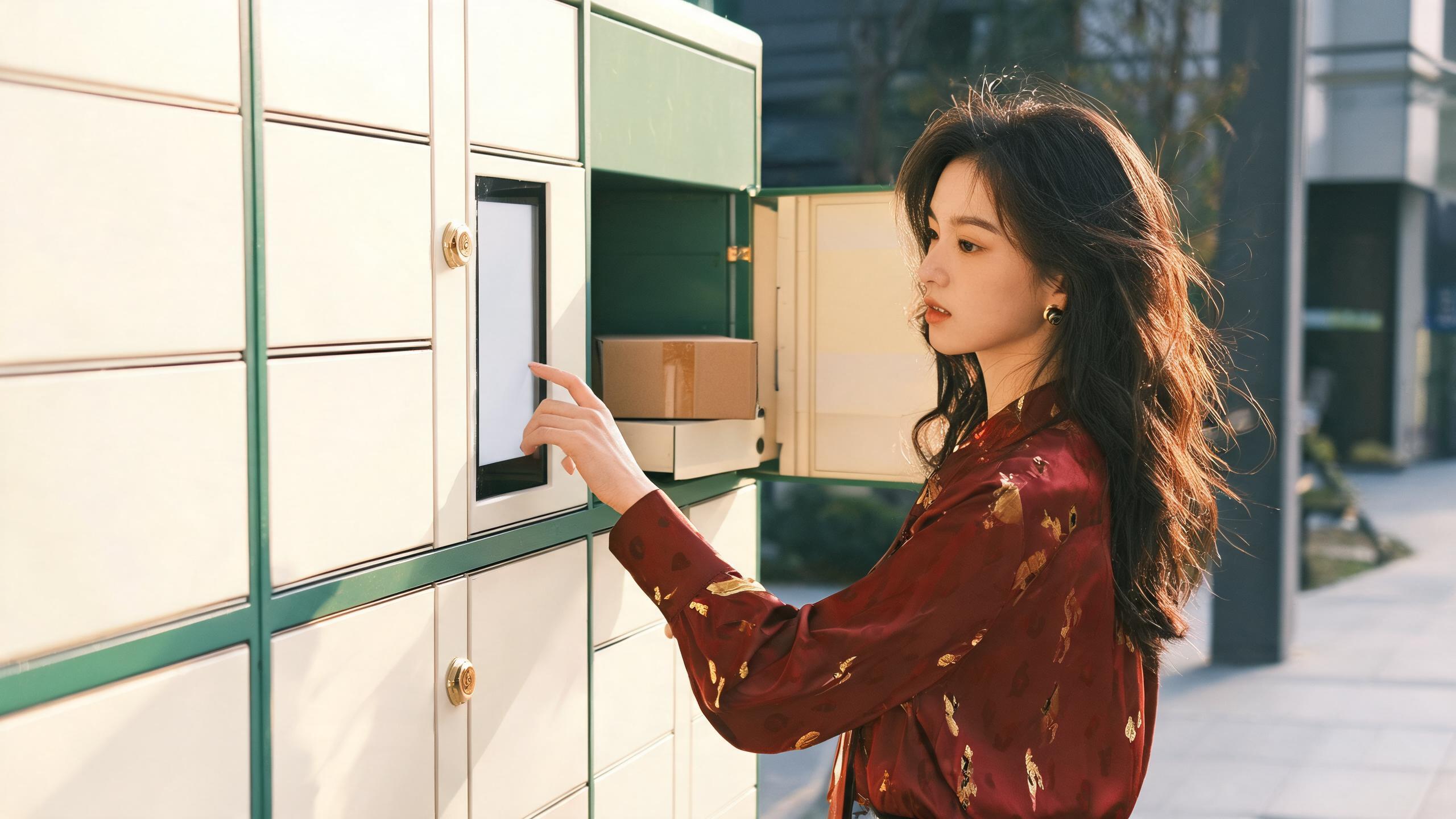 A hand entering a pickup code on a smart parcel locker screen