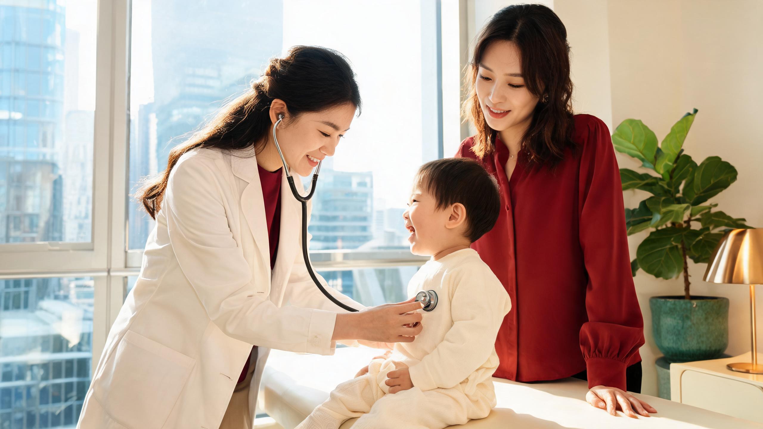 An English-speaking pediatrician examining a toddler in a bright Shanghai clinic