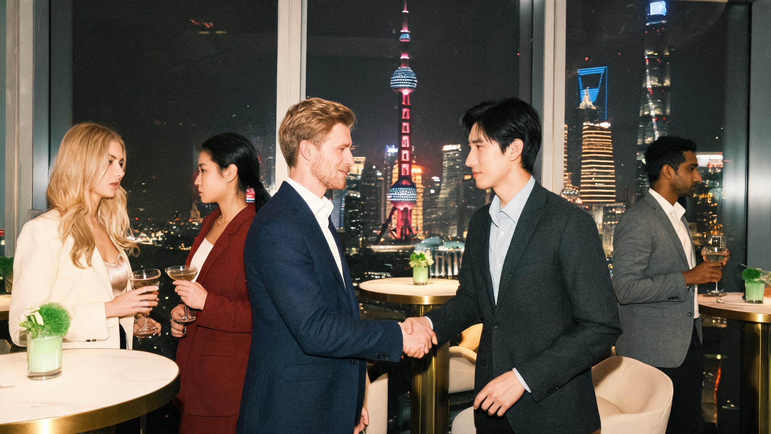 White and Asian professionals networking at a Shanghai business mixer, exchanging cards