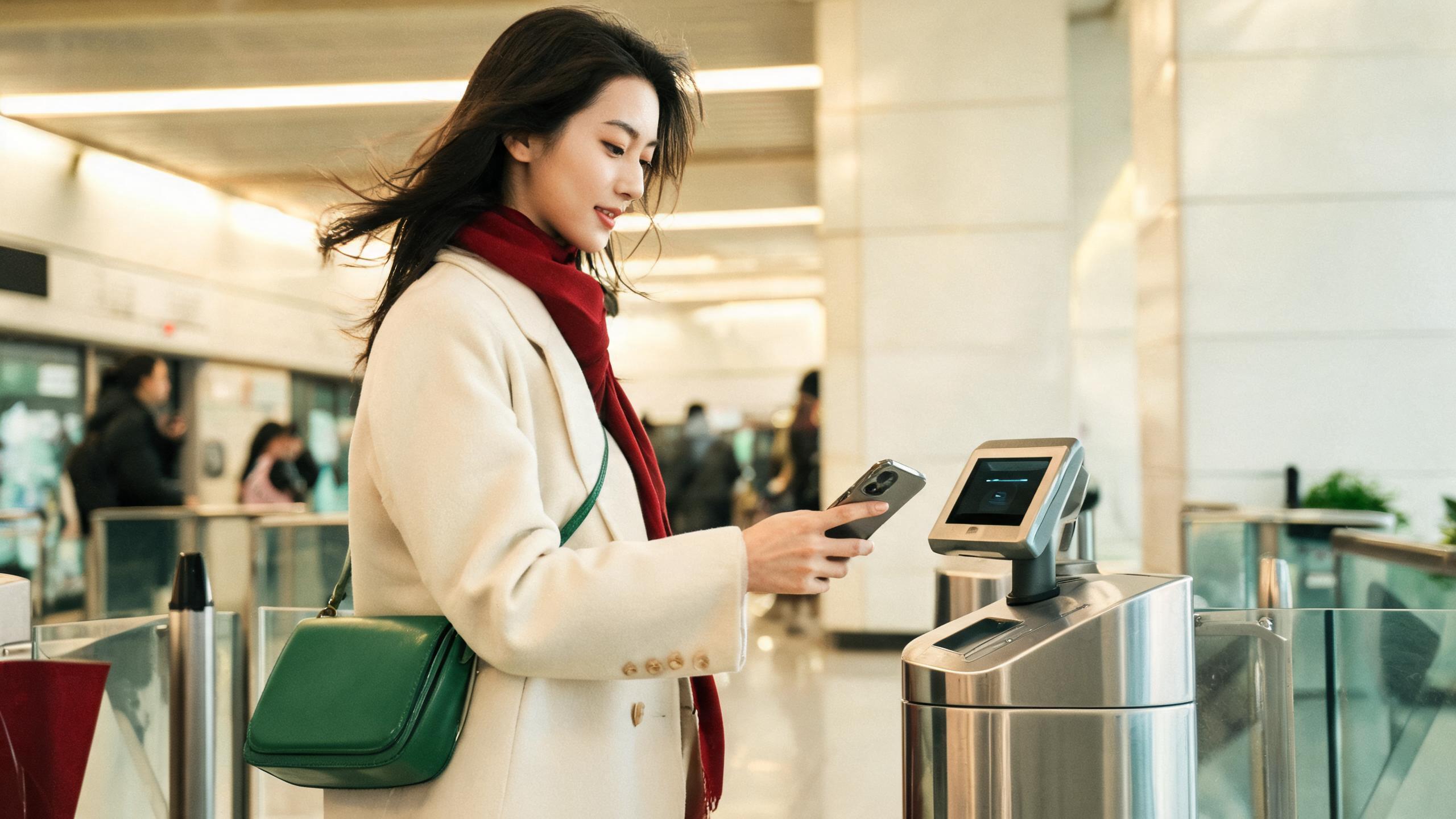 Commuter scanning a phone through a Shanghai metro gate, everyday remote-worker transit in 2026