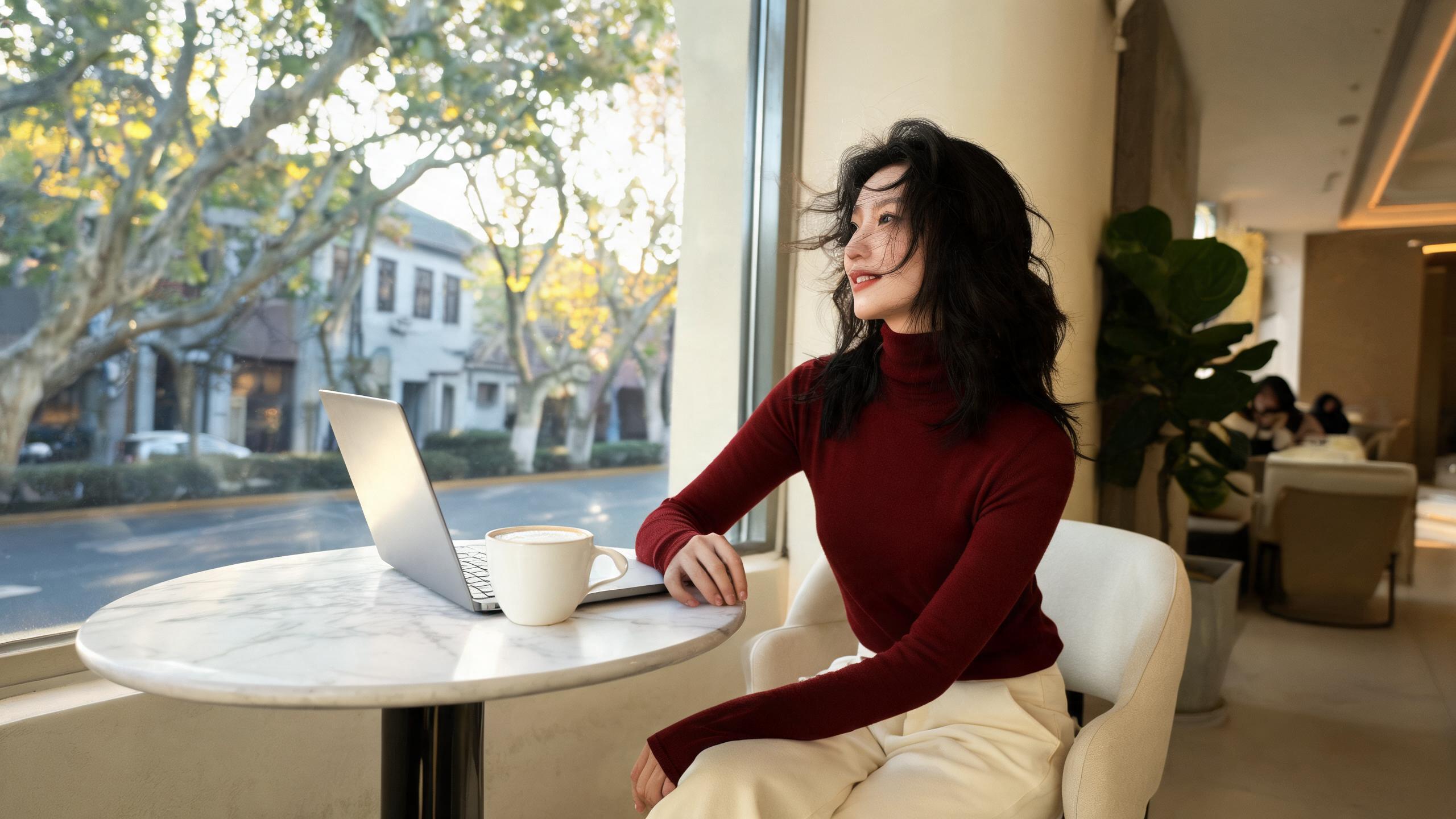 Remote worker with a laptop at a Shanghai plane-tree-street coffee shop, 2026