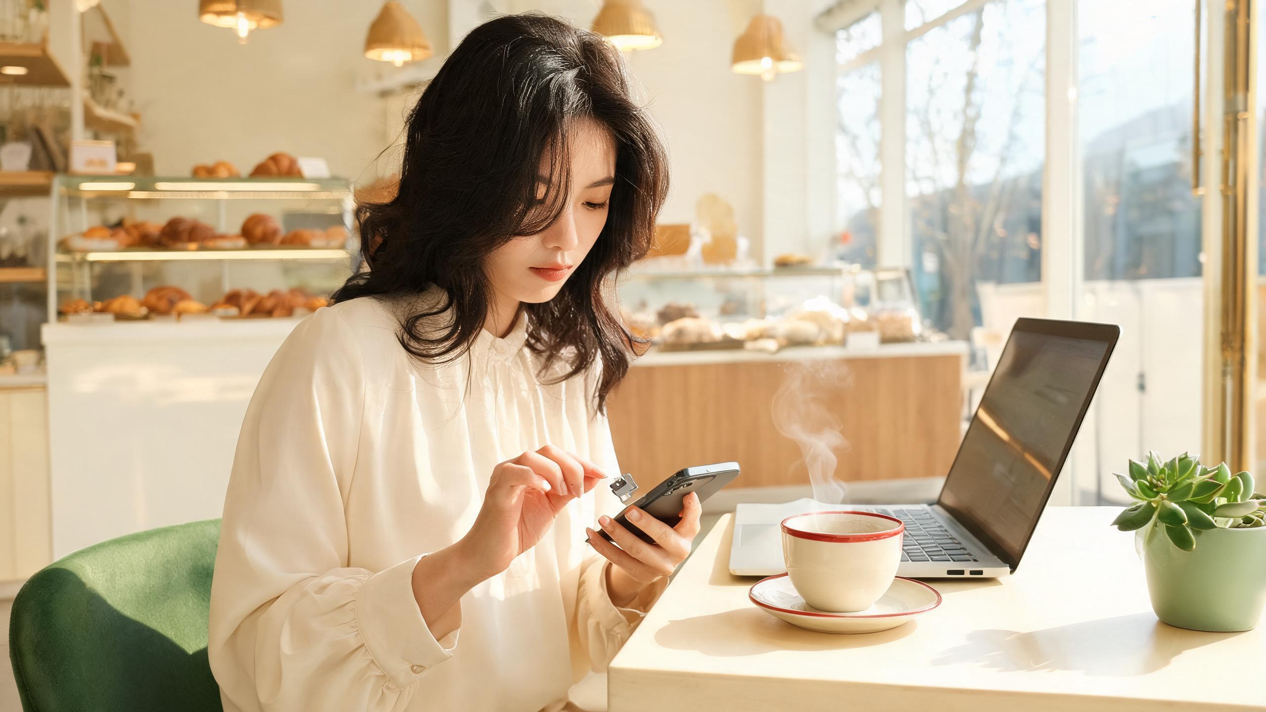 Setting up a China SIM card on a phone at a Shanghai cafe for remote work connectivity