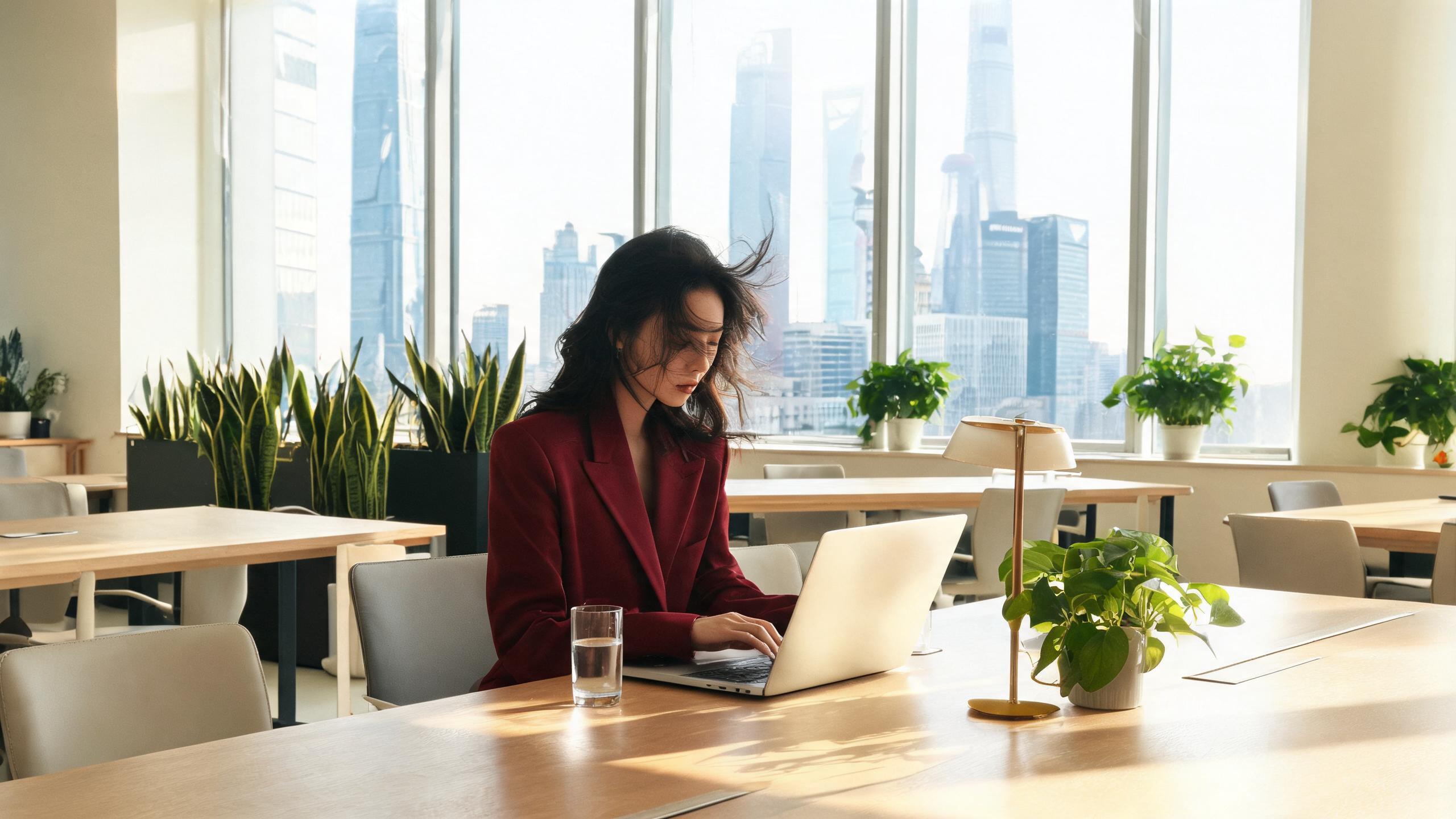 Bright Shanghai coworking space with plants and big windows, a good remote work spot in 2026