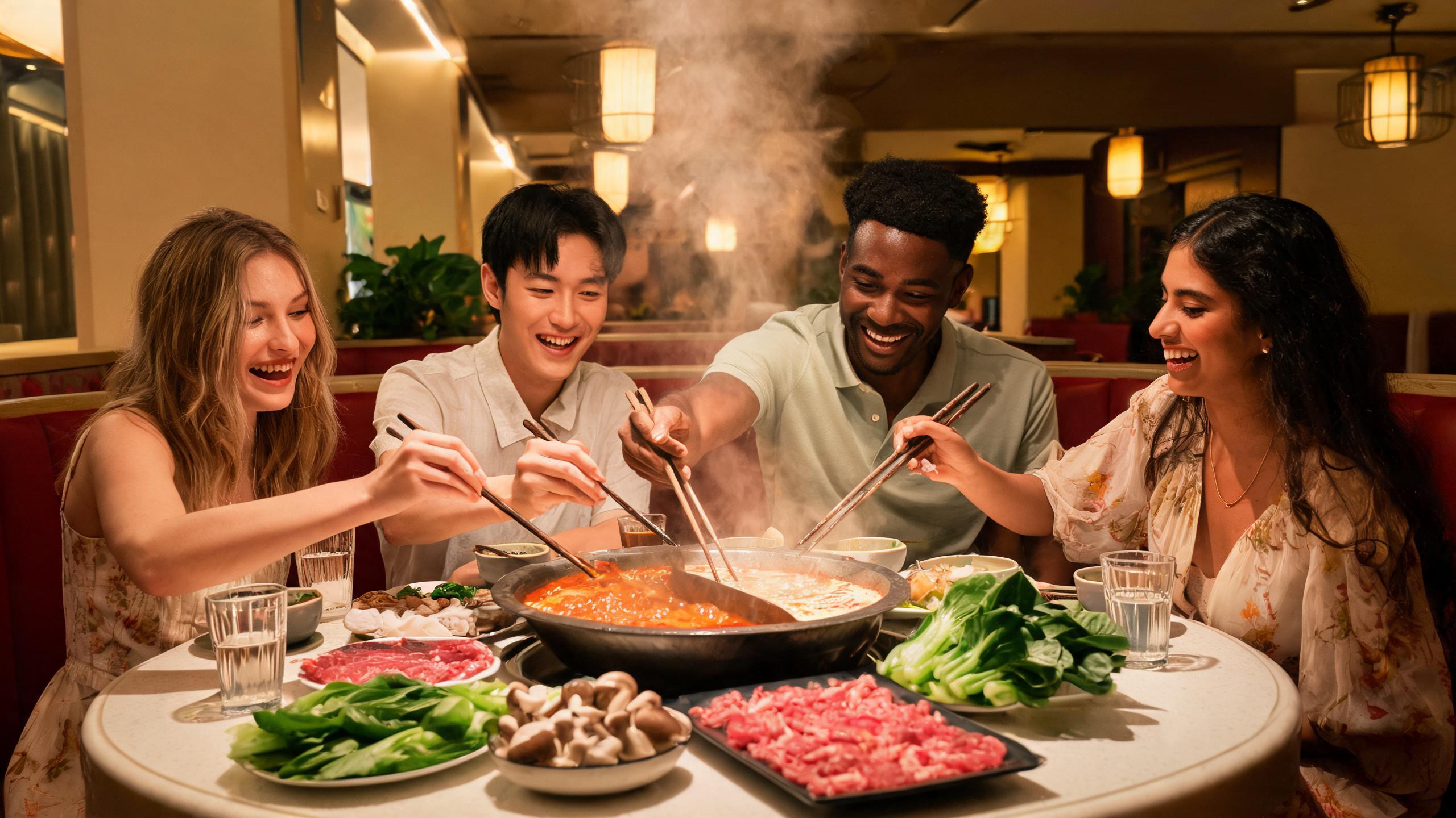 A diverse group of four friends laughing and cooking together around a bubbling split hot pot in a warm Shanghai restaurant