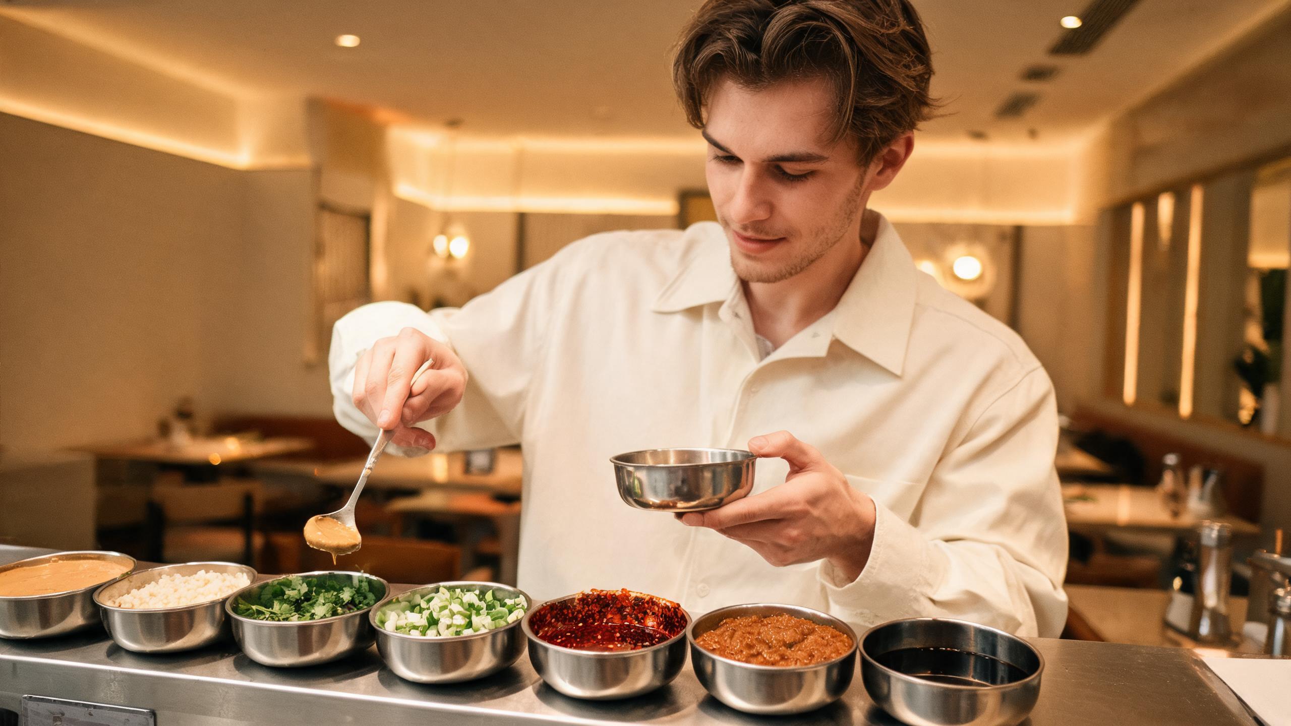 A hot pot sauce station lined with bowls of sesame paste, minced garlic, cilantro, scallion, chili oil, sha cha and soy, with a hand mixing a personal dipping bowl