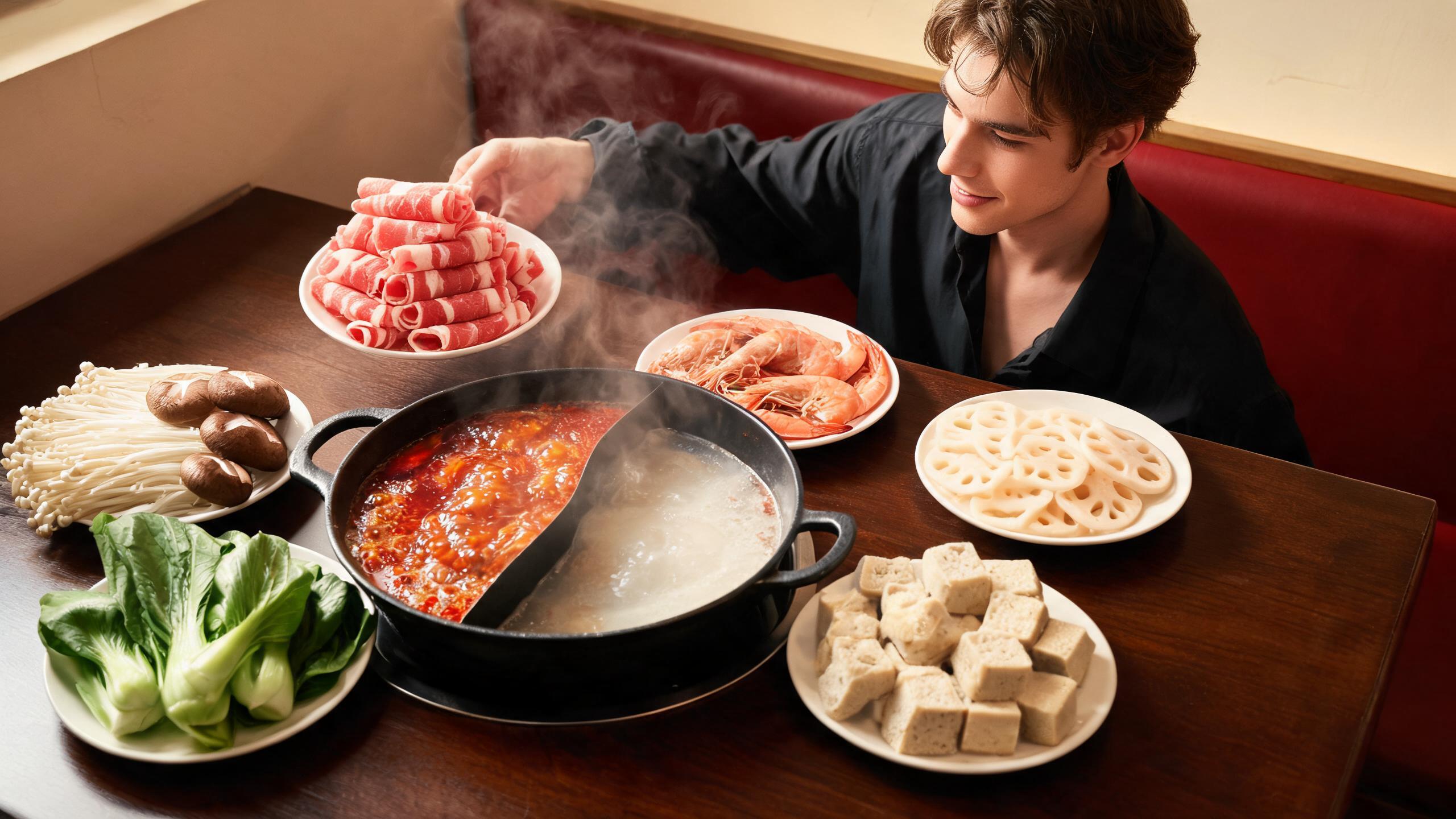 A Shanghai hot pot table set and ready to order: a plate of marbled lamb rolls being placed beside shrimp, lotus root, mushrooms, greens and frozen tofu around a bubbling split pot