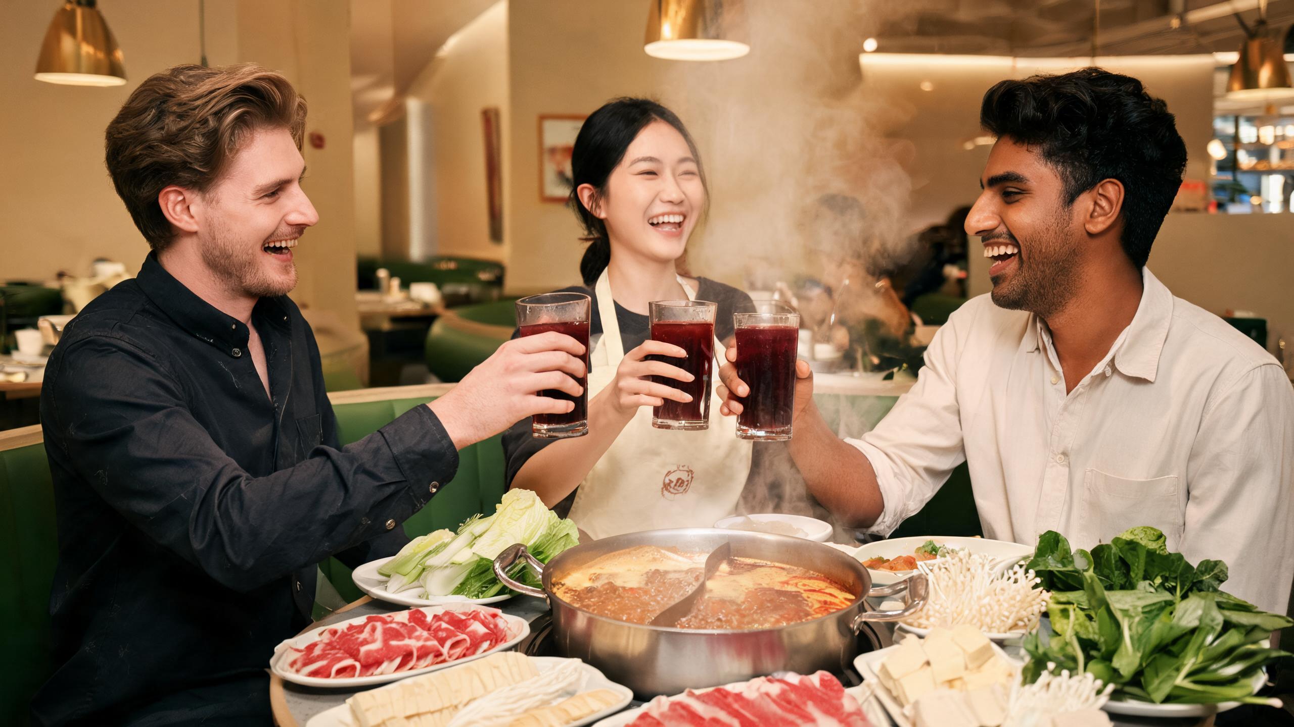 Three friends laughing and clinking glasses of sour plum juice over a bubbling hot pot, one wearing the restaurant's apron, fresh ingredients spread across the table