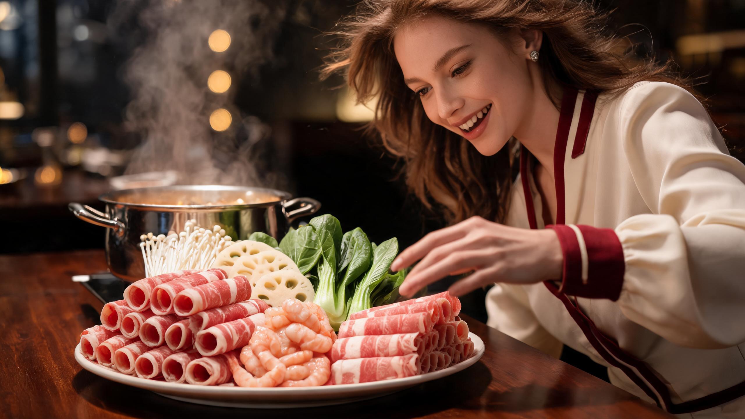 A platter of fresh hot pot ingredients: tight rolls of marbled beef and lamb, pink shrimp, lotus root, enoki mushrooms and leafy greens beside a steaming pot