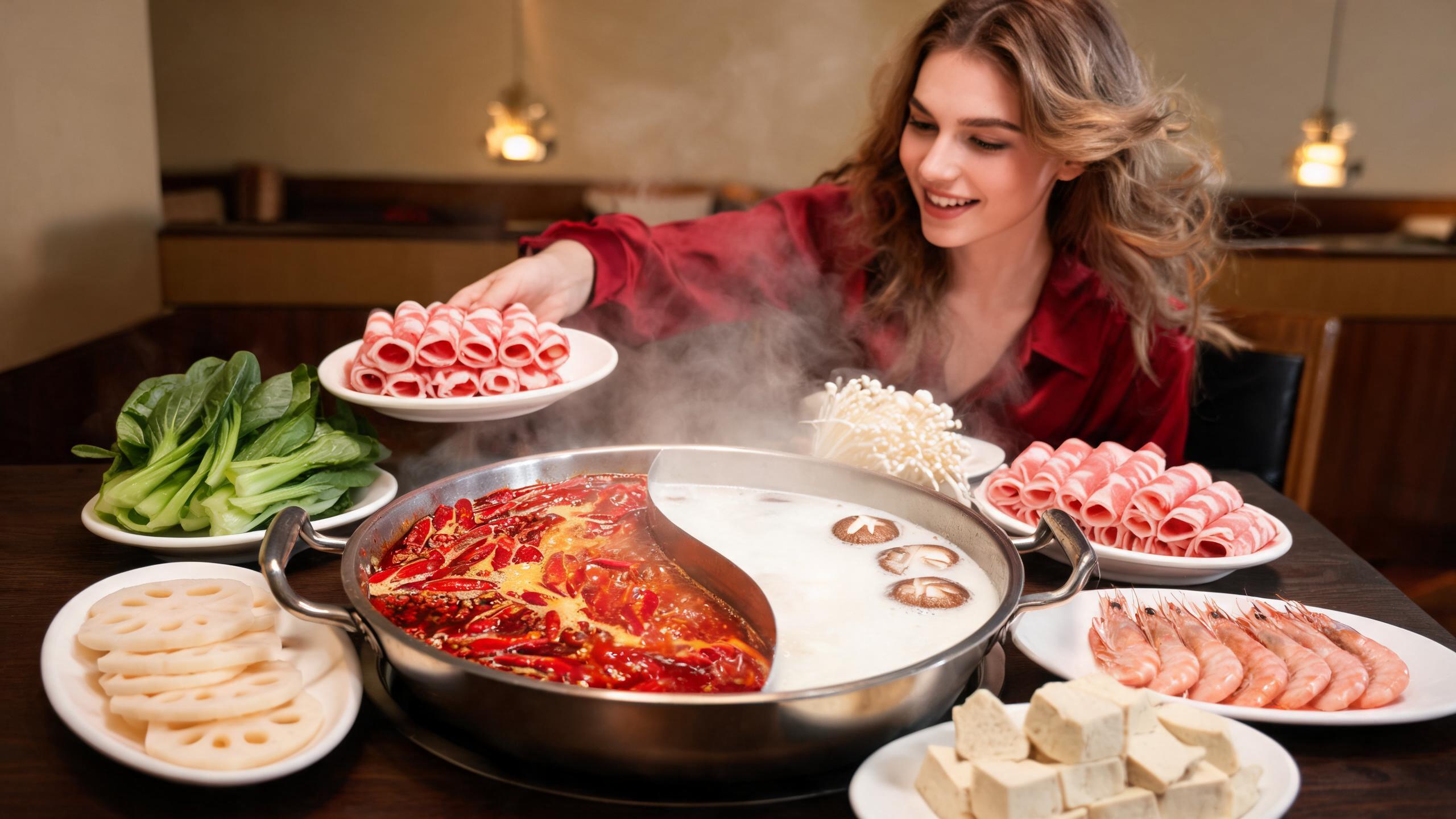 A bubbling split-broth hot pot with fiery red Sichuan chili broth and creamy mushroom broth, surrounded by fresh plates of marbled beef, shrimp, greens and lotus root