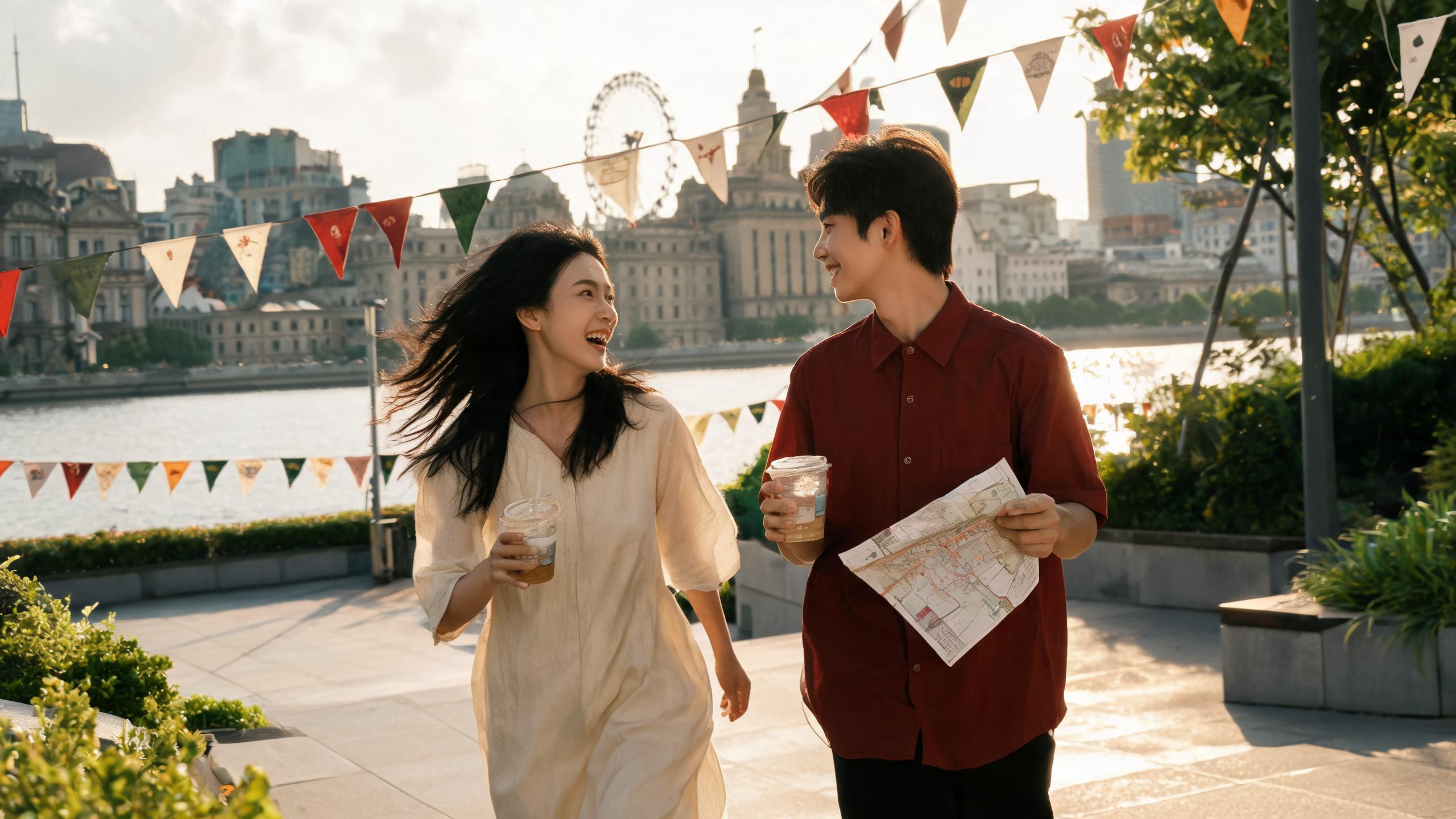 Two friends with iced drinks and a city events map on the Huangpu riverside, Shanghai summer 2026