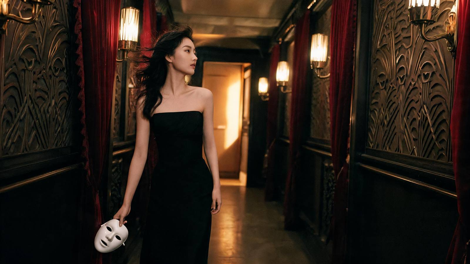 Woman in a black evening dress holding a white mask in a dim art deco corridor, the mood of Sleep No More Shanghai at the McKinnon Hotel