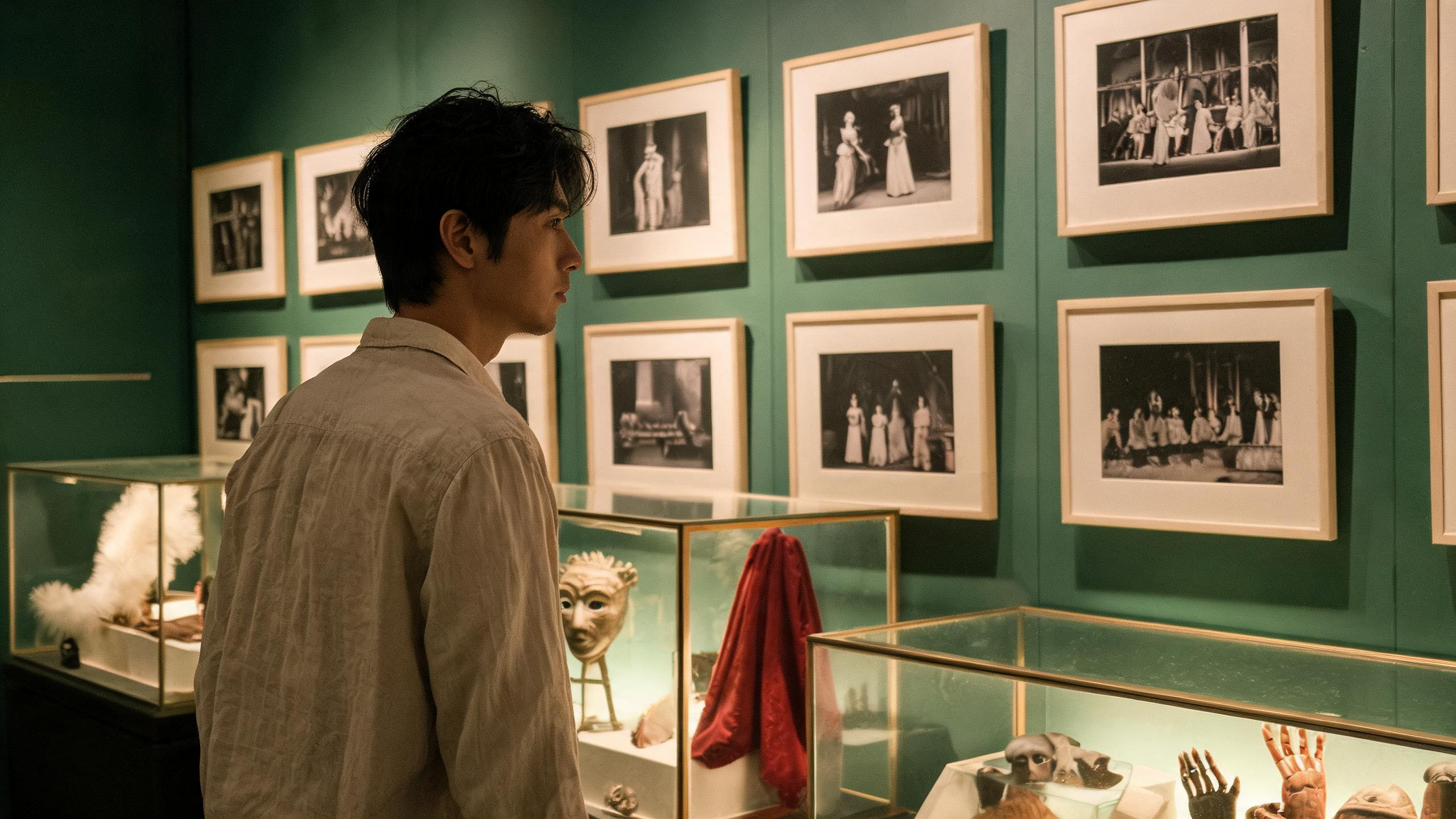 Visitor viewing framed black and white theatre photographs and vintage props at the free Sleep No More ten-year memories exhibition in Shanghai