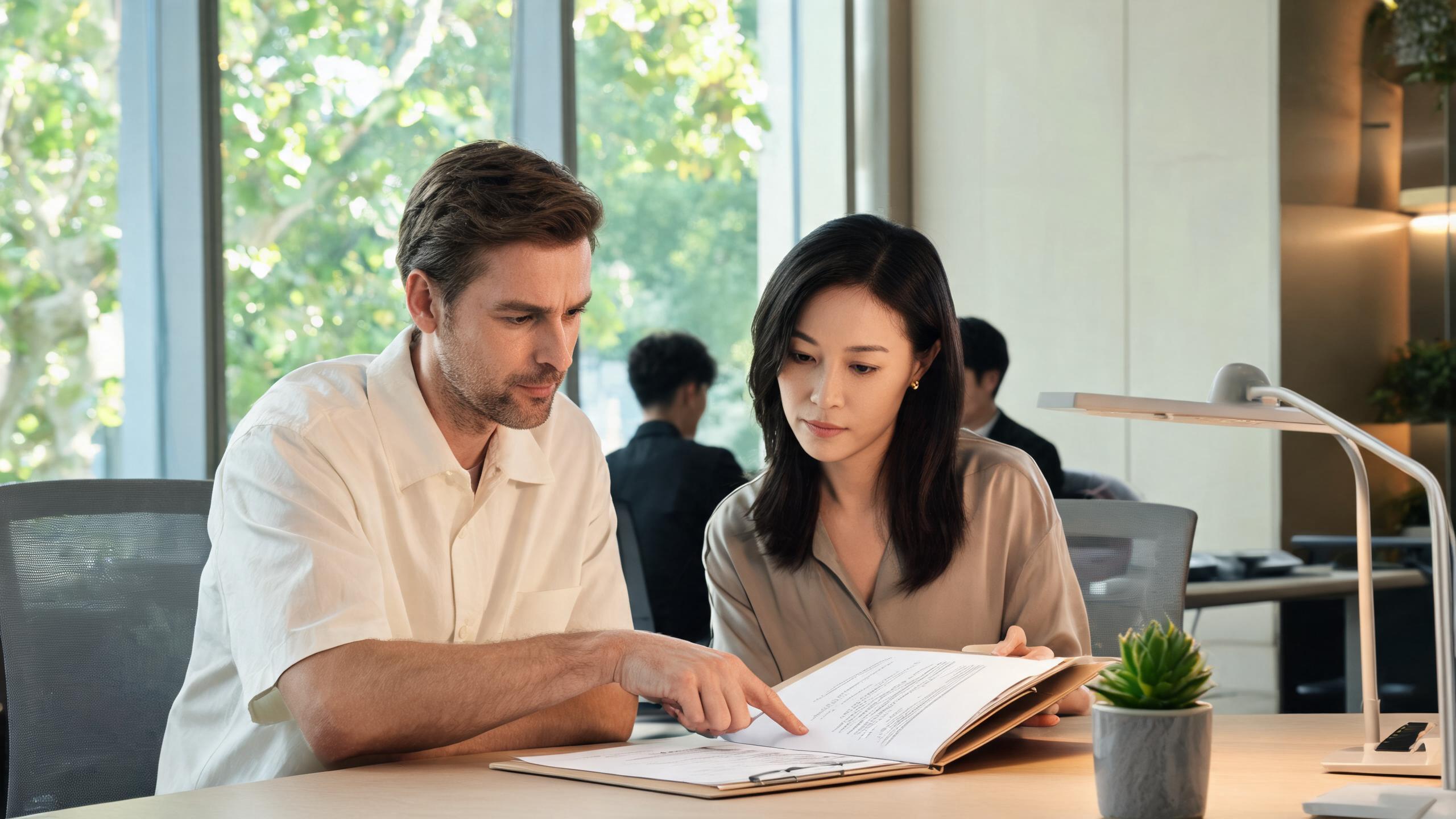 Two colleagues reviewing employment paperwork at a Shanghai office desk