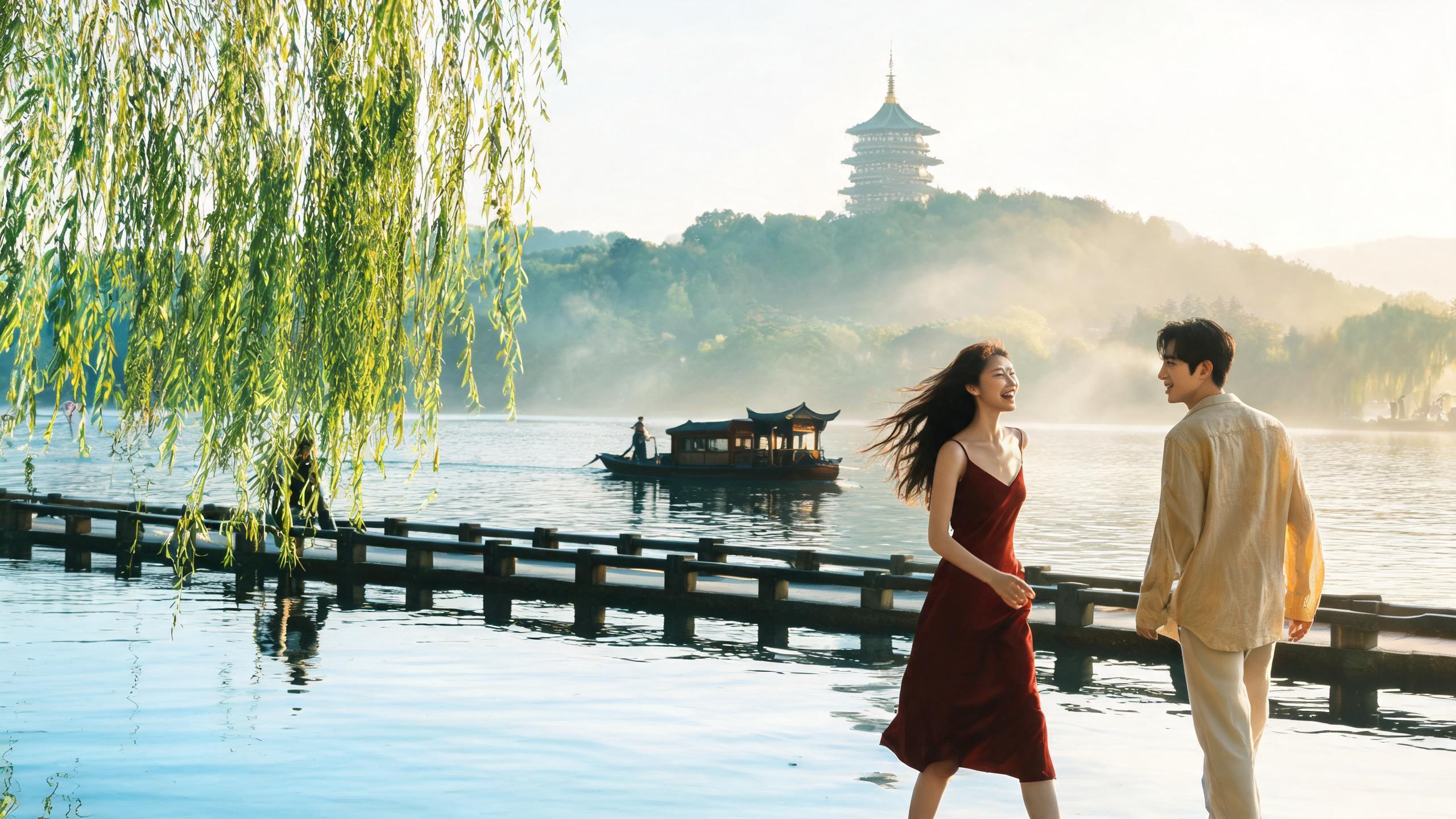 West Lake in Hangzhou with a wooden boat and pagoda at golden hour