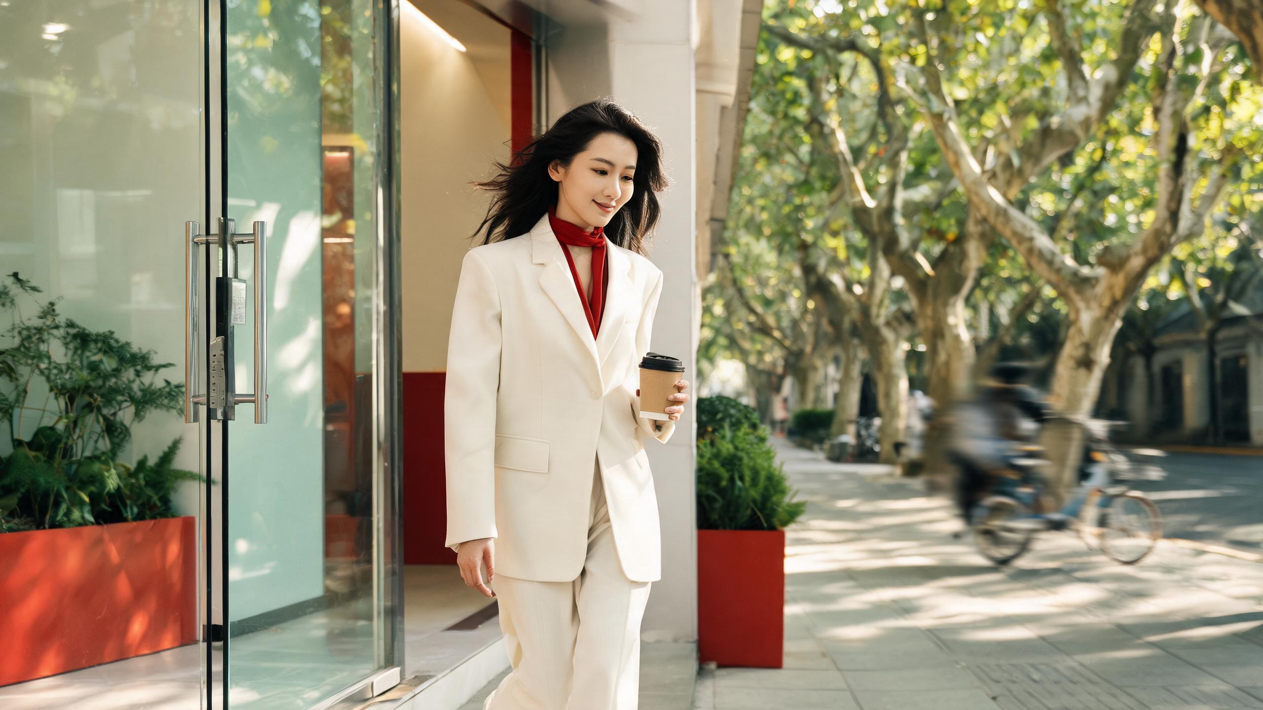 Woman walking out of a Shanghai clinic into morning sunlight feeling reassured
