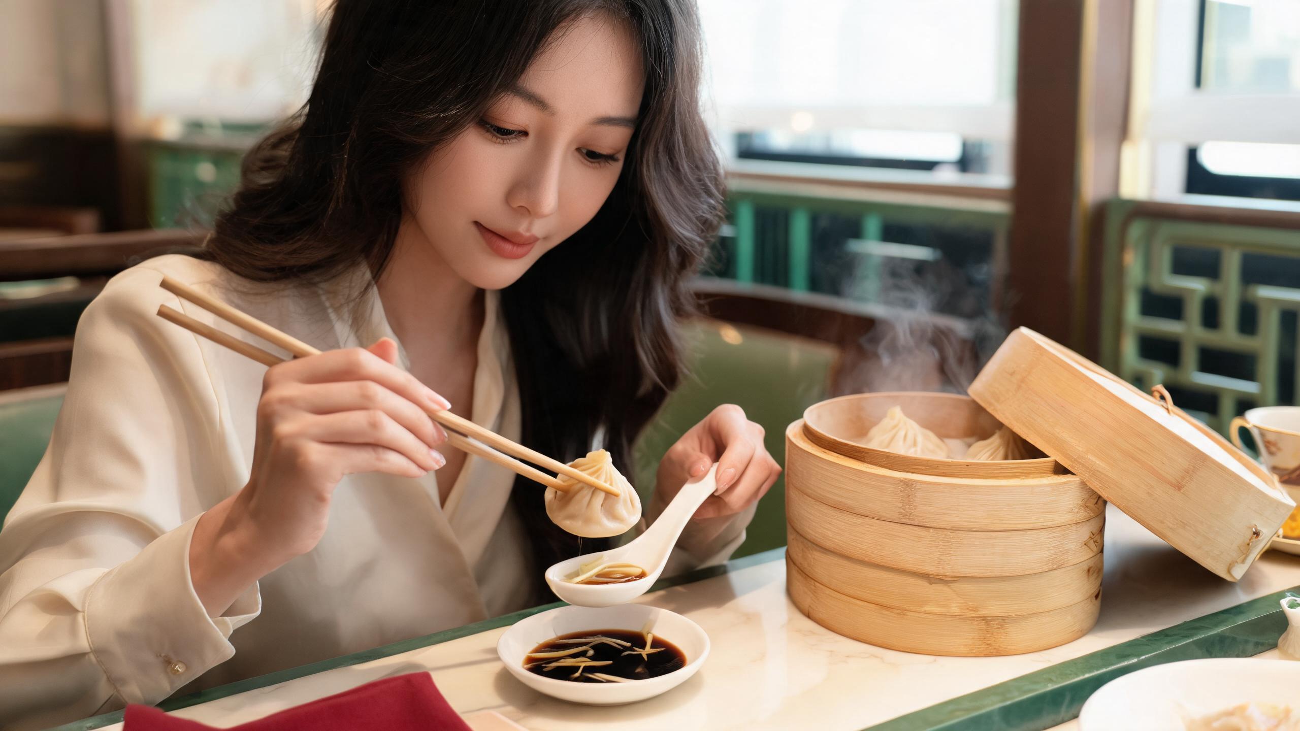 Dipping a Shanghai soup dumpling into black vinegar with ginger